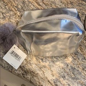Metallic Silver Cosmetic Case w/ Pom Pom - NEW